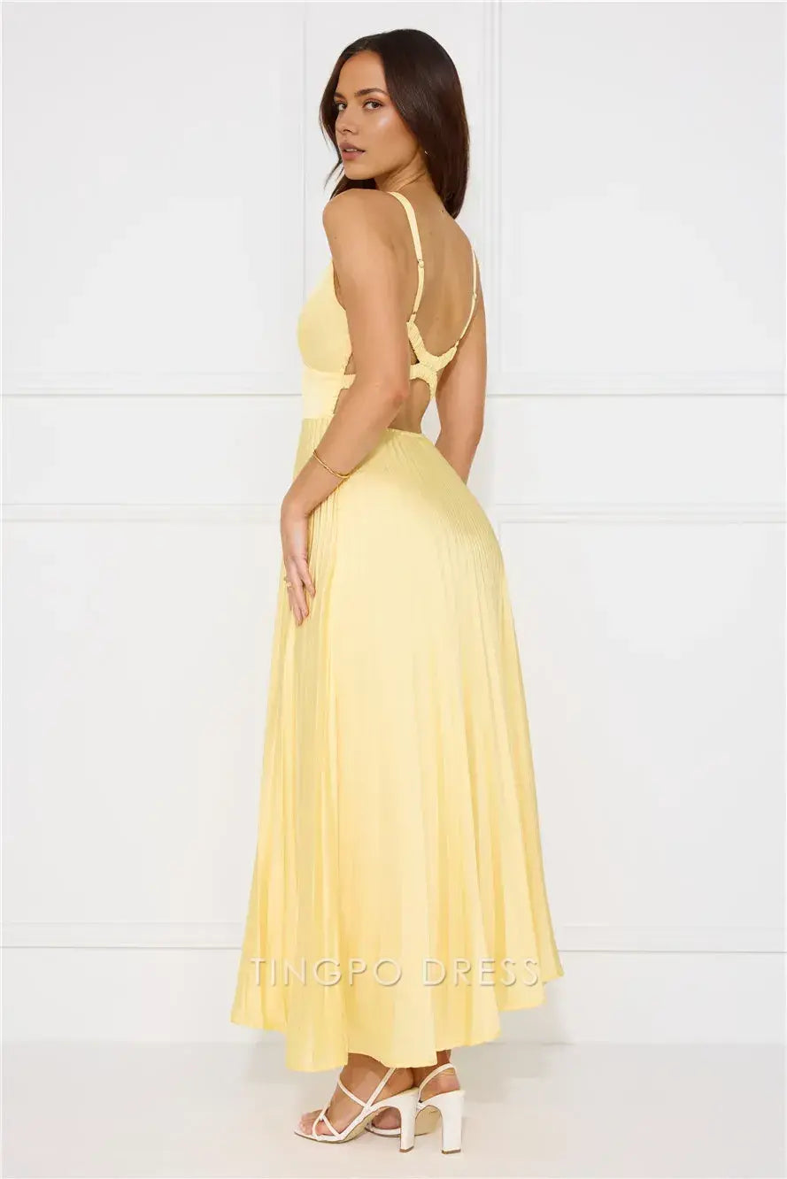 V - Neck Pleated Maxi Dress with Criss - Cross Back Prom Dress (Multiple Colors)